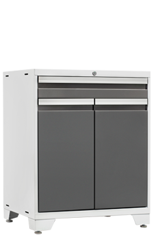 white steel cabinet with a top drawer above two large pull-out bins