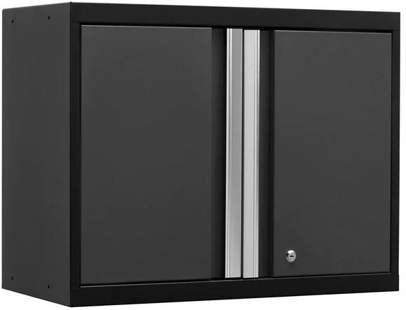 gray steel cabinet with two doors