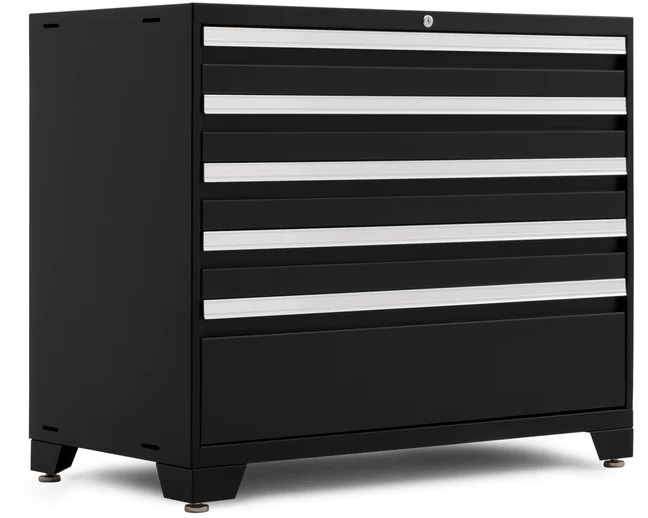 black steel cabinet with five drawers, ideal for storing tools