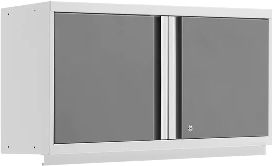 white steel cabinet with two doors and a curved valence below for lighting