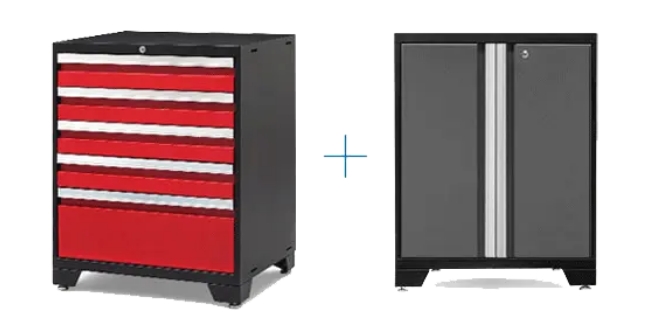 two custom cabinet samples: one red steel with drawers, one gray steel with cupboard-style doors