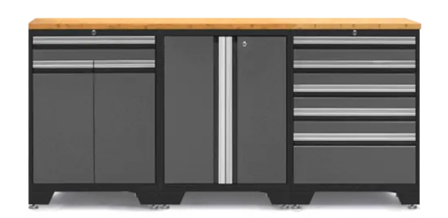 a preconfigured bank of cabinets with varying sizes or drawer and hinged door cabinets