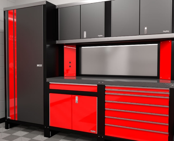 a standard preset configuration of cabinetry including two upper cabinets, a closet, and a steel countertop with lower cabinet and tool chest