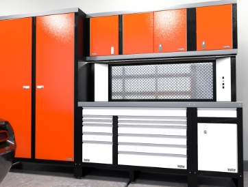 custom red and white steel cabinets in a completed garage renovation